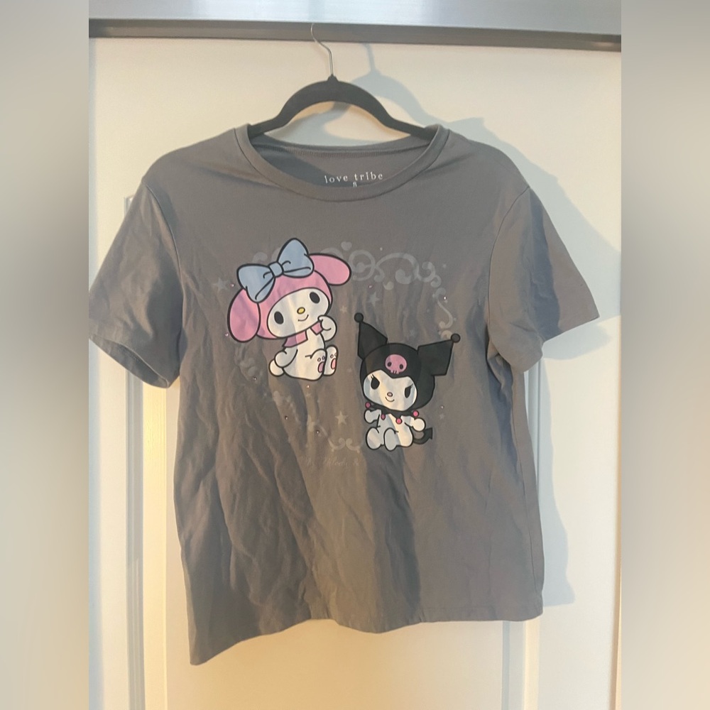 Love Tribe Knit My Melody Kuromi Graphic Gray Short Sleeve Women's Top Small